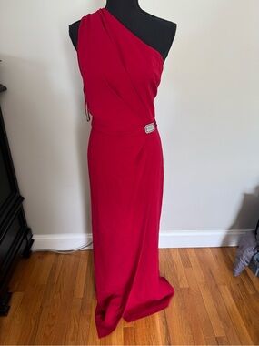 Lauren Ralph Lauren One-Shoulder Red Evening Gown with Waist Accent